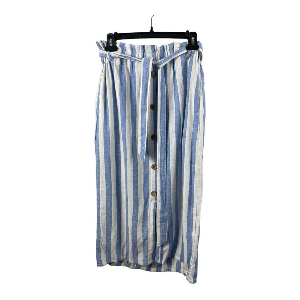 NWT Love Tree Blue White Striped High Waist MIDI Skirt Button Front Beach Casual